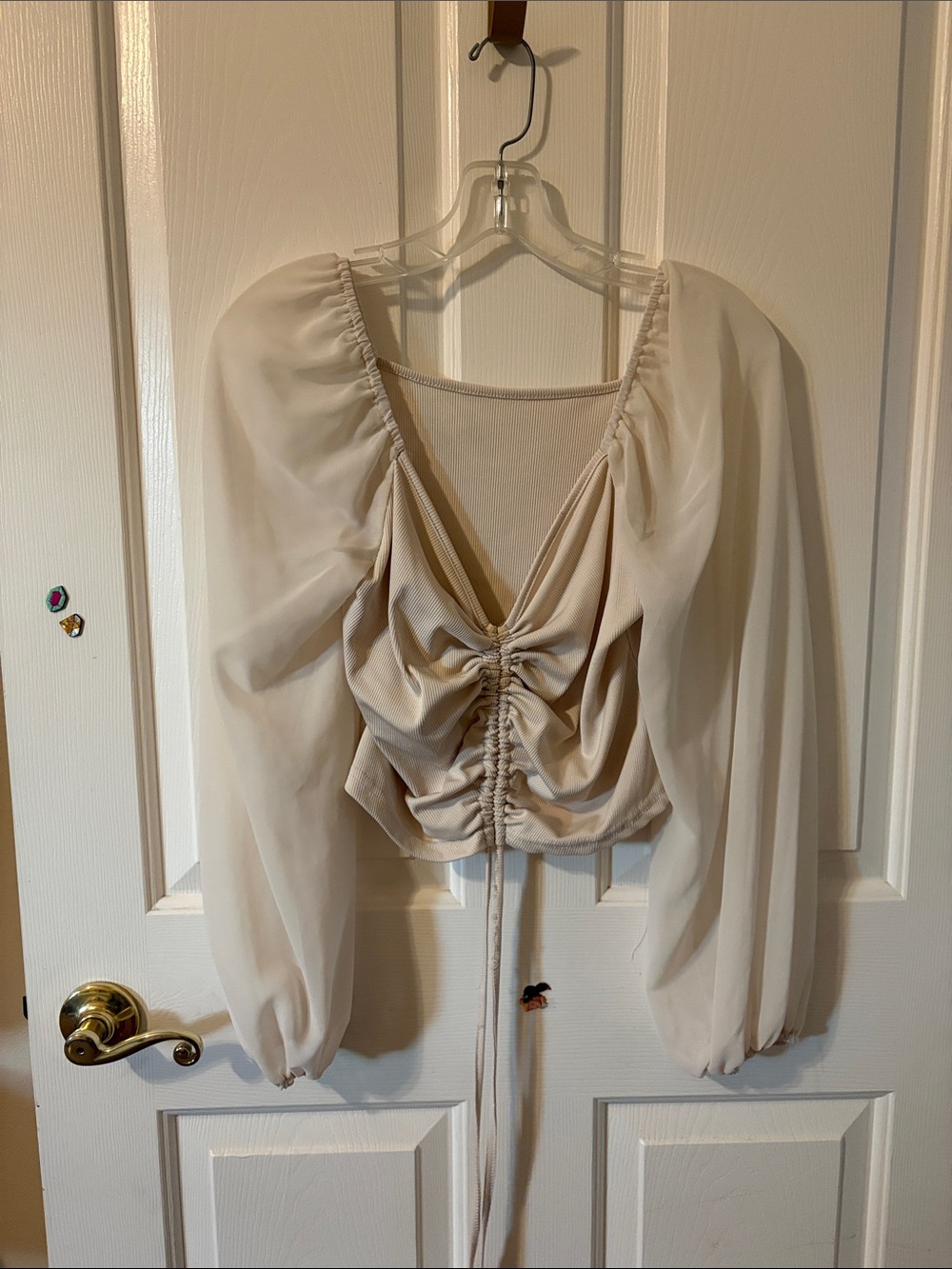 Women's Cream Ruched Front Puff Sleeve Top